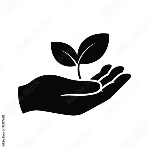 A black silhouette of a hand gently cradling a small sprouting plant with two leaves
