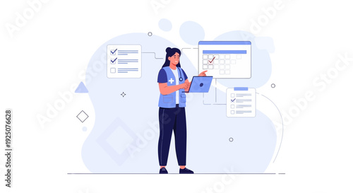 Healthcare professional managing schedule with laptop and calendar, planning medical appointments.