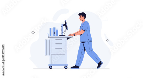 Healthcare professional pushing medical cart with computer in clinic