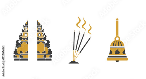 Balinese Hindu Spiritual Icon Set with Candi Bentar Gate Incense and Bell