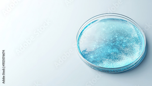 Microorganisms and bacteria floating in blue liquid within a laboratory petri dish for scientific study