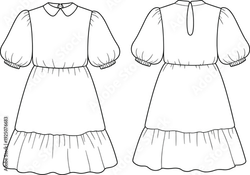 Flat sketch of tiered puff sleeve dress with collar, gathered waist, back keyhole, ruffle hem, feminine fashion illustration design
