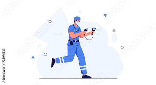 Healthcare Professional Running with Medical Equipment and Clipboard