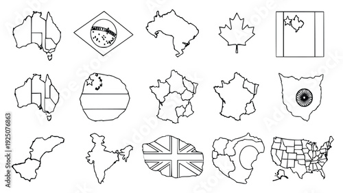 Collection of country and state maps with national flags and symbols, including Australia, Brazil, Canada, India, New Zealand, and the United States in various outline styles.