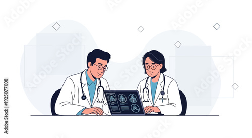Healthcare professionals discussing medical scan results on a laptop screen