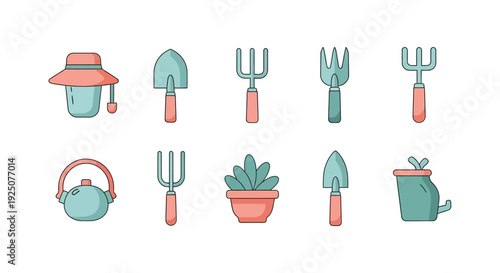 Gardening tools and potted plant on table in outdoor setting with green watering can