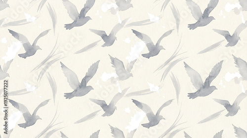 watercolor birds seamless pattern, flying seagulls background