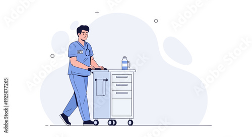Male Nurse Pushing Medical Cart - Healthcare Professional Illustration