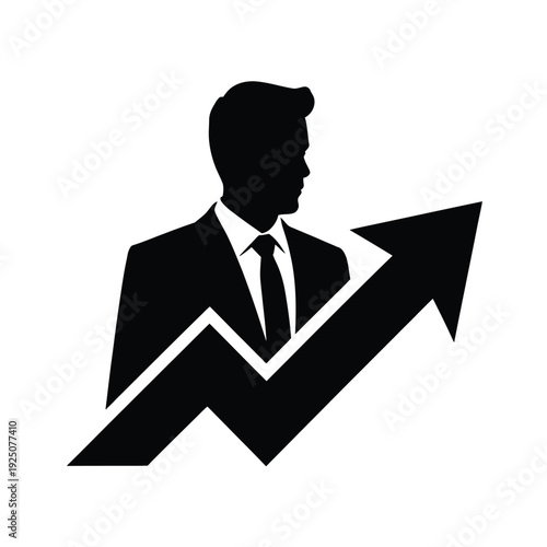 Silhouette of a businessman with upward arrow symbolizing business growth and progress
