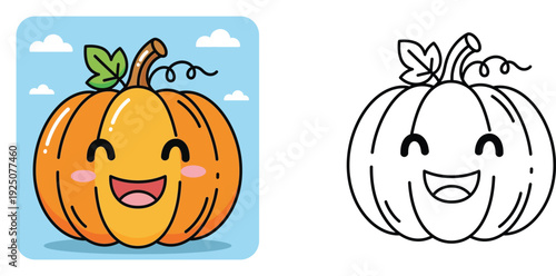 Cute Kawaii Smiling Pumpkin Character Illustration Set with Colored Version and Black and White Line Art Coloring Page for Kids, Autumn Harvest and Halloween Decoration