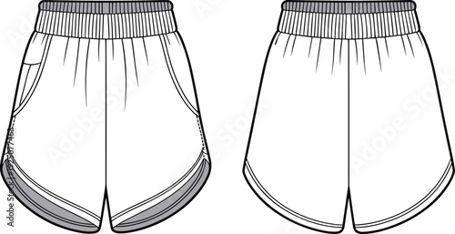 Flat sketch of women's athletic running shorts with elastic waistband and curved hem, front and back view cad fashion drawing