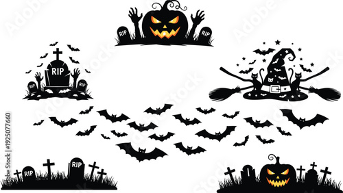 Spooky Halloween silhouettes set with jack o lantern pumpkins, flying bats, witch hat, and cemetery graveyard tombstones, cad drawing flat vector illustration.