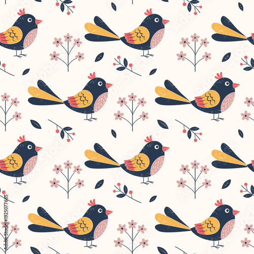 Cute baby birds pattern. Traditional folk birds seamless pattern. Textured birds and flowers background.