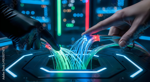 Hands interacting with neon-lit circuit board