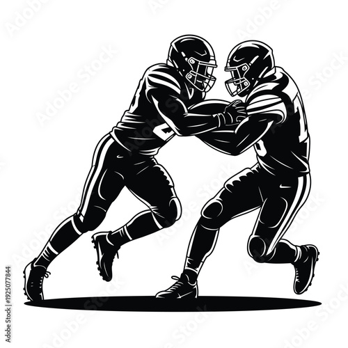 Two football players intensely engaged in a close dynamic struggle in black and white