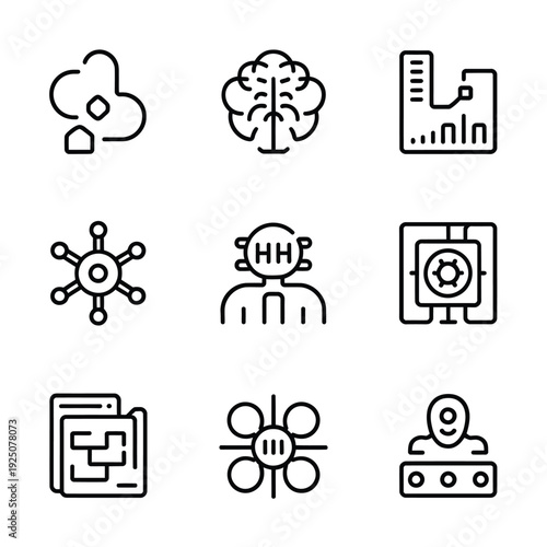 Set of minimalist line icons depicting technology brain data and various abstract concepts