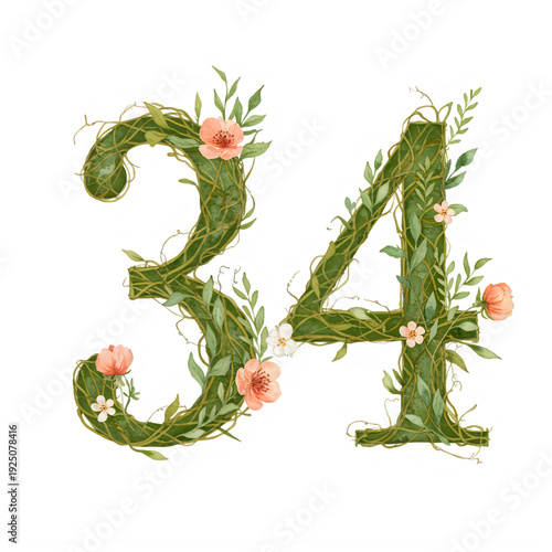 Green vines and flowers forming the numbers thirty four