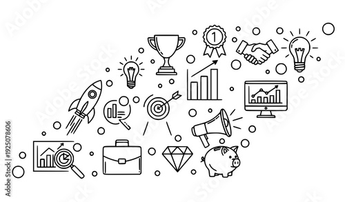 Decorative thin outline dotted achievement and business icon collection isolated on transparent background