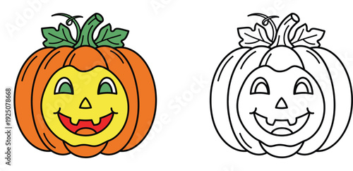 Cute Halloween pumpkin jack-o-lantern illustration set with colored and line art versions for coloring book page, autumn holiday decor, and kids' activity vector design.