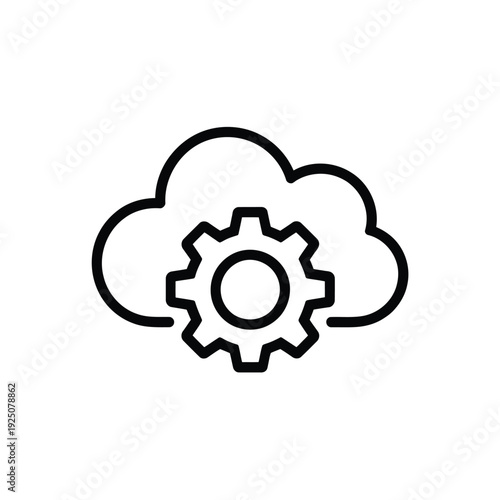 Cloud computing icon depicting interconnected gears and a fluffy cloud symbol design