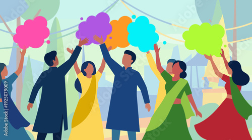 Colorful Celebration of holi festival with friends in vibrant traditional attire