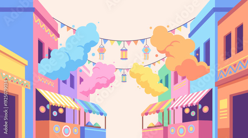 Colorful Holi Festival Celebration in a Vibrant Market Street