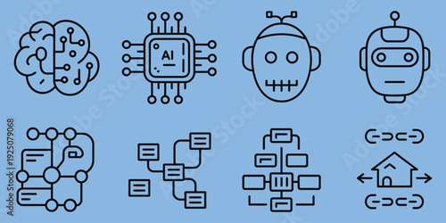 explore AI and automation technology icons illustration showing brain network robot and workflow, intern, junior professional, analyst, team lead, manager, director, vice president, chief innovation.