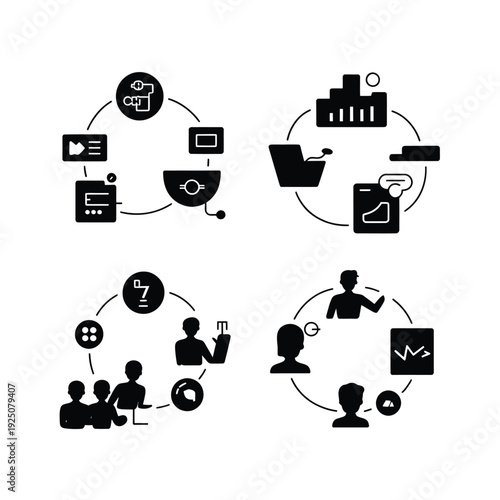 Circular icons depicting social media data communication and business workflows in a modern style