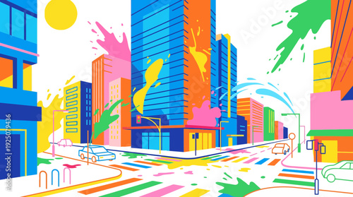 Vibrant Holi Festival Celebration in Colorful Urban Setting