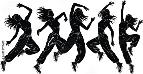 Female hip hop dancers silhouette set, energetic women dance poses black vector illustration isolated on white background