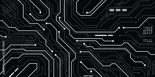 Circuit board background. Technology connected white lines with electronics elements on technology background.	