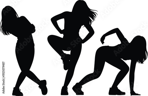Female dancers silhouette set, energetic women hip hop dance poses black vector illustration isolated on white background