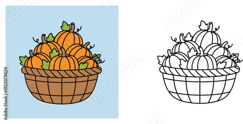 Autumn Harvest Pumpkins in a Wicker Basket Vector Illustration - Set of Colored and Black and White Line Art for Coloring Book Page, Thanksgiving and Halloween Seasonal Decoration