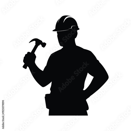 Silhouette of a construction worker wearing a hard hat holding a hammer in his hand