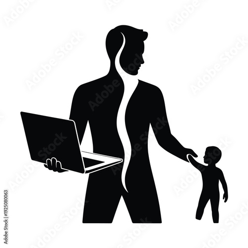 Silhouette of a man holding a laptop and a child symbolizing work life balance