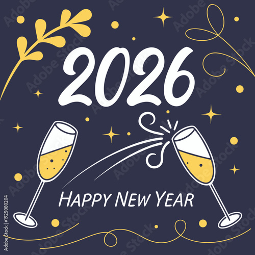 Two champagne flutes toast for the new year 2026.