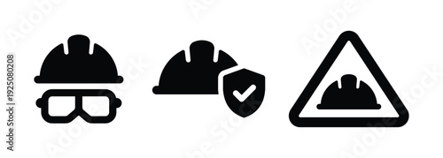 Black Construction Safety Icon Set – Hard Hat, Protective Goggles, Security Shield and Warning Sign Symbols for Workplace Safety, PPE Equipment and Industrial Hazard Signage Design