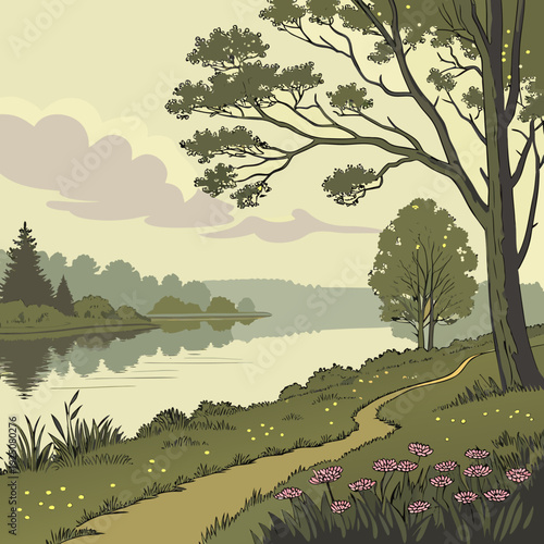 Winding dirt path follows river bank under trees.