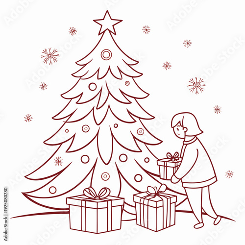 Child places gift box beside large decorated.