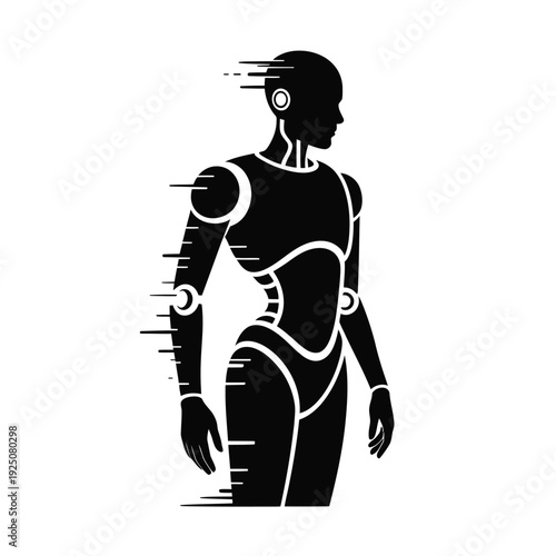 Abstract robotic figure illustration with speed lines depicting a futuristic android silhouette