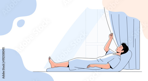 Man in hospital bed opening curtains, waking up to sunlight