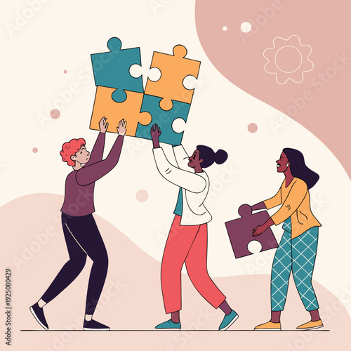 Diverse team lifts large puzzle pieces upward.