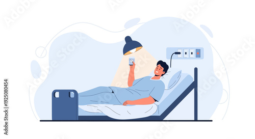 Man in Hospital Bed Using Smartphone Under Lamp