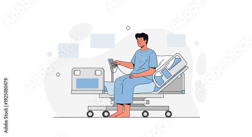 Man in Hospital Bed with Medical Equipment and IV Drip