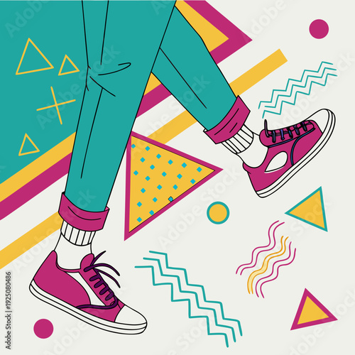 Legs wearing bright sneakers move across.