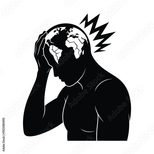 Silhouette of a person holding their head with a globe and lightning bolt graphic overlay