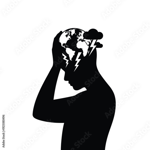 Silhouette of a head with the globe clouds and lightning depicting global worries and stress