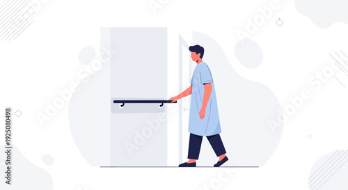 Man in hospital gown holding onto grab bar, walking through doorway