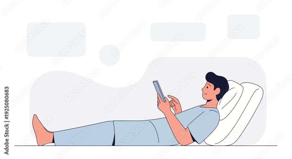 Obraz premium Man Relaxing with Tablet on Pillow, Digital Communication Concept