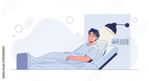 Man Lying in Hospital Bed Under Examination Lamp, Medical Care Concept